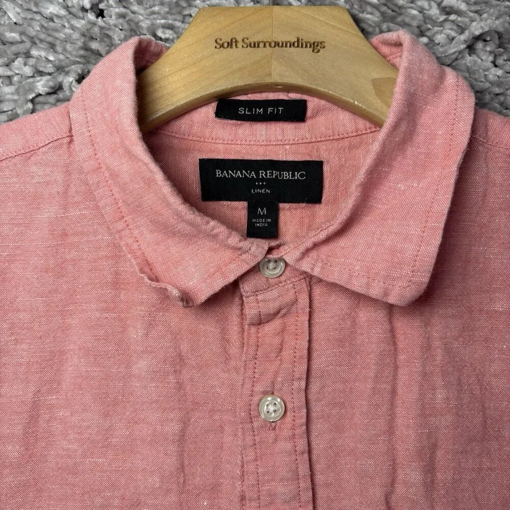 Banana Republic Linen Shirt Mens Medium Slim Fit Pink Short Sleeve Beach Summer